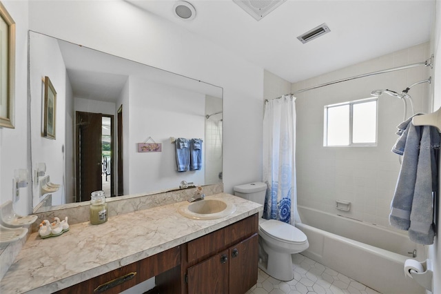 19254 Blount Rd, Lutz, FL 33558 - bathroom with vanity, toilet, shower / bathtub combination with curtain, and tile patterned flooring