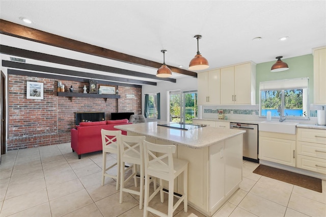 19254 Blount Rd, Lutz, FL 33558 - kitchen with dishwasher, brick wall, a sink, light tile patterned flooring, and a kitchen island