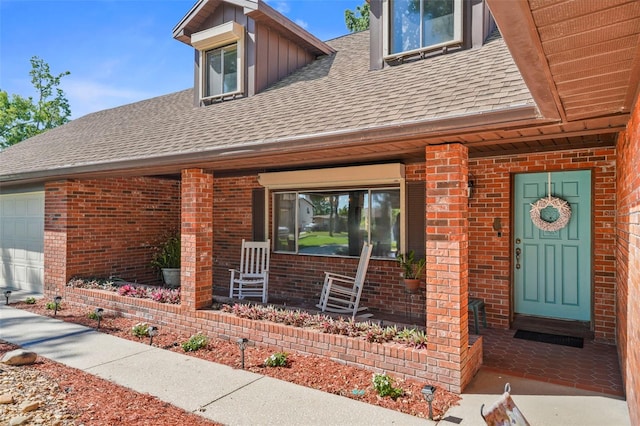 19254 Blount Rd, Lutz, FL 33558 - entrance to property with brick siding, a shingled roof, and a porch