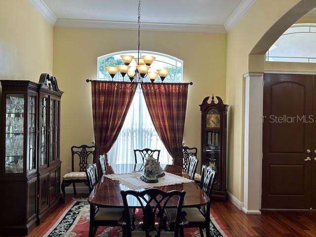 17127 Brown Rd, Odessa, FL 33556 - dining space featuring dark wood finished floors, a chandelier, plenty of natural light, crown molding, and baseboards