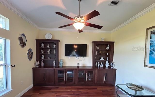 17127 Brown Rd, Odessa, FL 33556 - bar with ornamental molding, dark wood-style flooring, ceiling fan, and baseboards