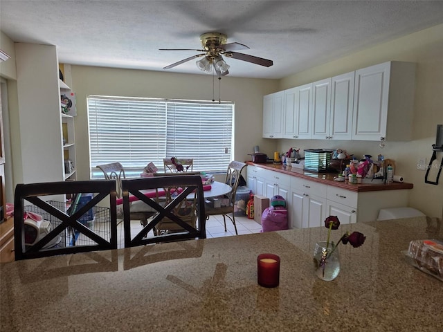 9950 Morris Brg, Tampa, FL 33637 - kitchen with ceiling fan, white cabinetry, light stone countertops, and light tile patterned floors
