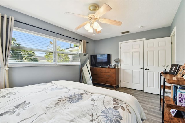 1751 Ashton Abbey Rd, Clearwater, FL 33755 - bedroom with wood finished floors, a ceiling fan, and a closet