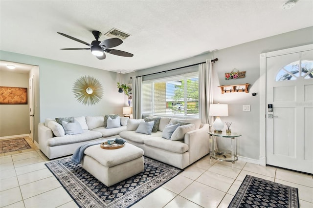 1751 Ashton Abbey Rd, Clearwater, FL 33755 - living room with a ceiling fan, light tile patterned flooring, and a textured ceiling