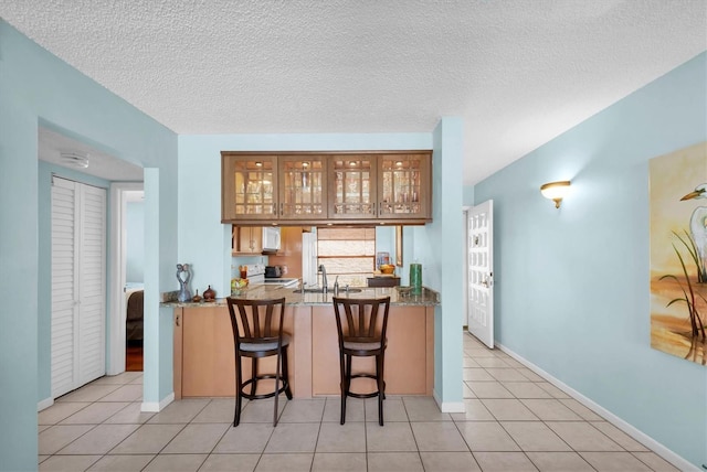 6279 Sun Blvd Unit 103, Saint Petersburg, FL 33715 - kitchen featuring a breakfast bar, white appliances, a sink, glass insert cabinets, and a textured ceiling