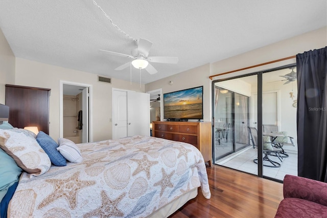 6279 Sun Blvd Unit 103, Saint Petersburg, FL 33715 - bedroom with a textured ceiling, visible vents, wood finished floors, access to outside, and ceiling fan