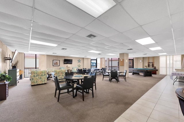6279 Sun Blvd Unit 103, Saint Petersburg, FL 33715 - dining space featuring expansive windows, billiards, a drop ceiling, carpet flooring, and visible vents