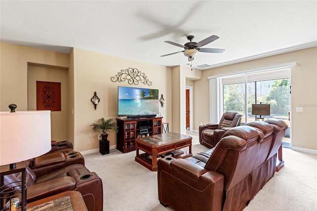 10617 Lucaya Dr, Tampa, FL 33647 - living room featuring light colored carpet, ceiling fan, baseboards, and visible vents
