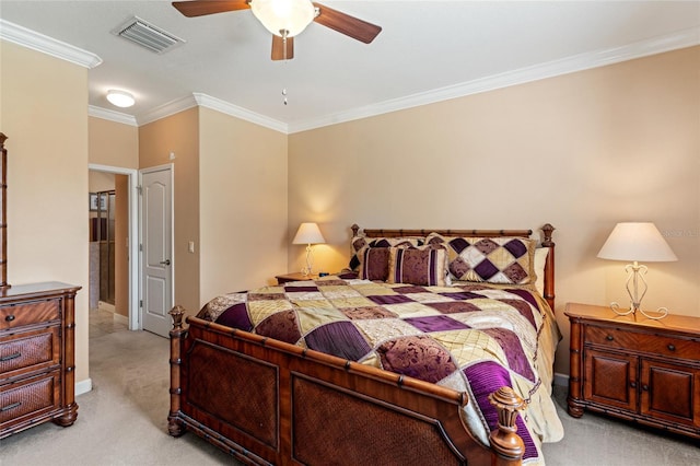 10617 Lucaya Dr, Tampa, FL 33647 - bedroom with a ceiling fan, crown molding, light carpet, baseboards, and visible vents
