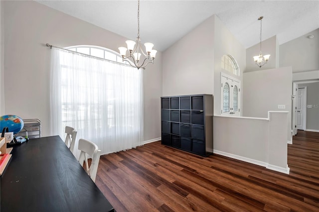 office with wood finished floors, a chandelier, and a healthy amount of sunlight