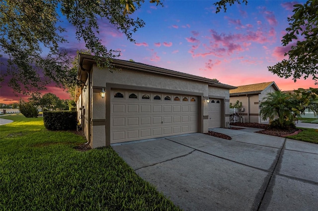 7519 Berna Ln, Land O Lakes, FL 34637 - ranch-style house featuring concrete driveway, a yard, stucco siding, an outdoor structure, and an attached garage