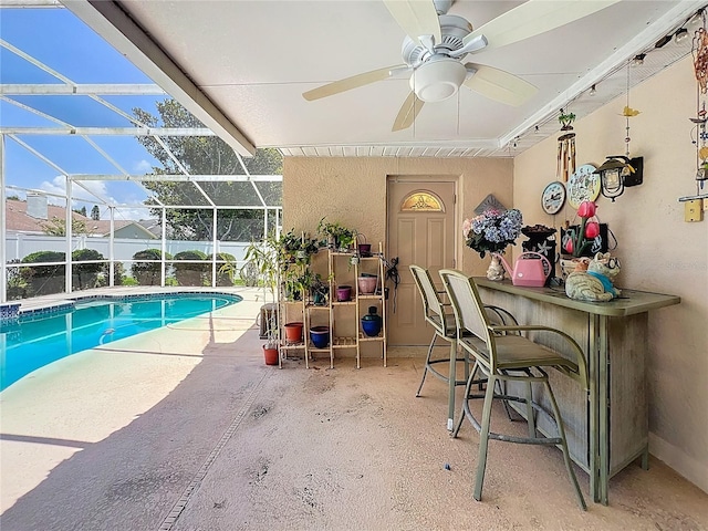 11216 Longbrooke Dr, Riverview, FL 33579 - outdoor pool with a patio, a ceiling fan, and a lanai