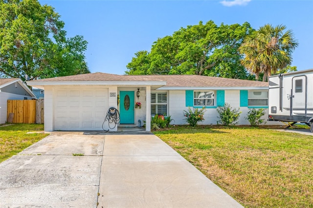 single story home featuring a front lawn, driveway, an attached garage, fence, and roof with shingles