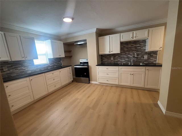 kitchen with stainless steel range with electric cooktop, a sink, light wood finished floors, ornamental molding, and extractor fan