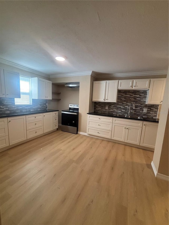 kitchen with crown molding, decorative backsplash, stainless steel range with electric stovetop, and a sink