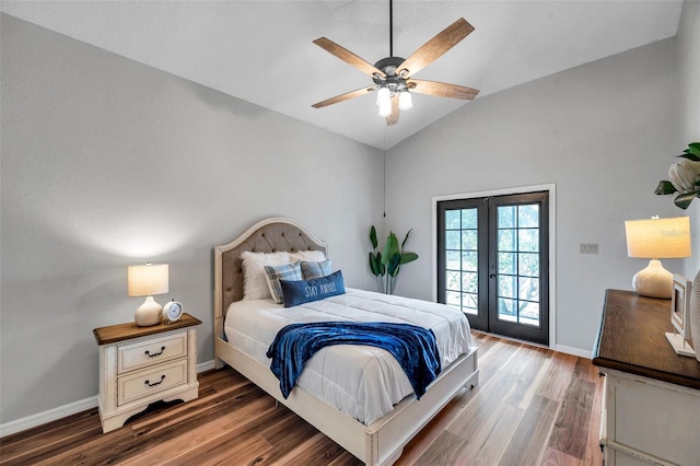 bedroom with wood finished floors, ceiling fan, french doors, baseboards, and access to outside