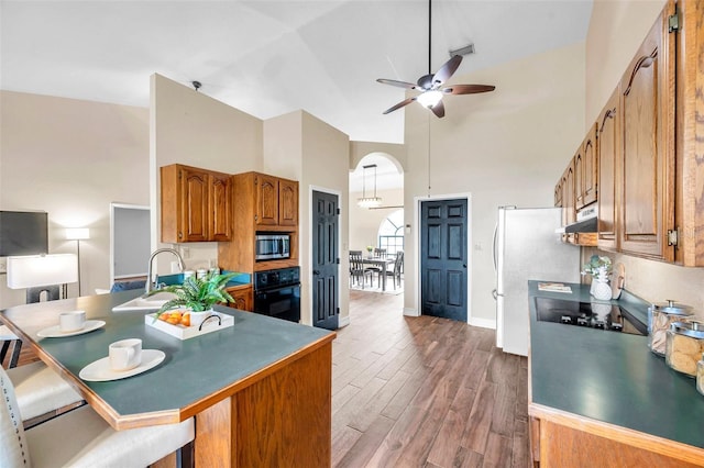 kitchen featuring a sink, ceiling fan, under cabinet range hood, high vaulted ceiling, and black appliances