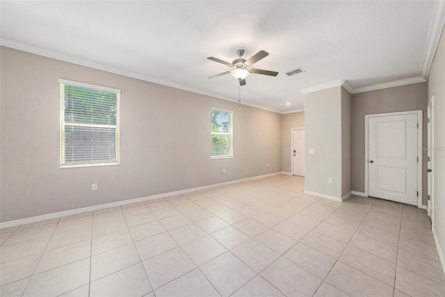 23378 Papyrus Way, Lutz, FL 33549 - spare room featuring visible vents, a ceiling fan, ornamental molding, light tile patterned floors, and baseboards
