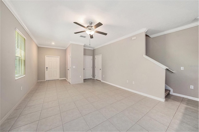 23378 Papyrus Way, Lutz, FL 33549 - unfurnished room with visible vents, ornamental molding, stairs, and ceiling fan