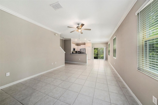 23378 Papyrus Way, Lutz, FL 33549 - unfurnished living room with light tile patterned floors, visible vents, ceiling fan, and crown molding