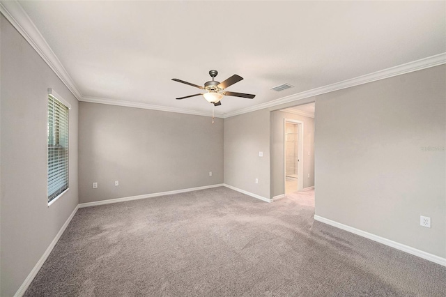 23378 Papyrus Way, Lutz, FL 33549 - empty room with carpet flooring, a ceiling fan, visible vents, and ornamental molding