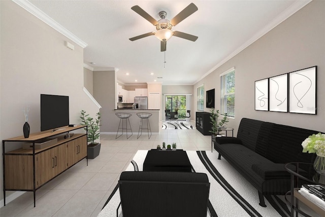 23378 Papyrus Way, Lutz, FL 33549 - living room featuring recessed lighting, light tile patterned floors, crown molding, baseboards, and ceiling fan