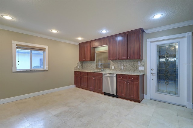 5449 Manatee Point Dr, New Port Richey, FL 34652 - kitchen featuring stainless steel dishwasher, backsplash, light stone counters, crown molding, and recessed lighting