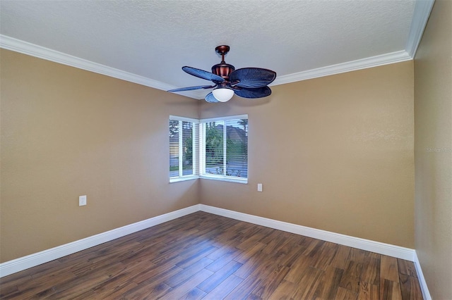 5449 Manatee Point Dr, New Port Richey, FL 34652 - empty room with dark wood-style floors, ornamental molding, ceiling fan, and a textured ceiling