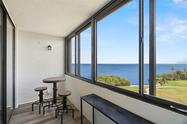 2616 Cove Cay Dr Unit 803, Clearwater, FL 33760 - sunroom / solarium featuring a textured wall, a water view, a textured ceiling, and wood finished floors