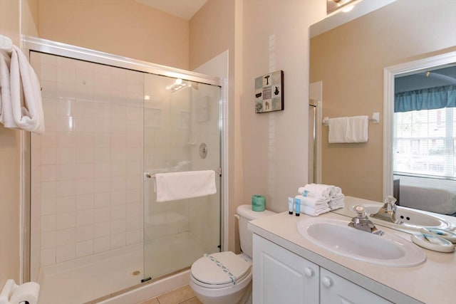 ensuite bathroom with a stall shower, toilet, and vanity