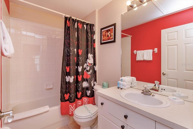bathroom with tile patterned floors, shower / tub combo, toilet, and vanity