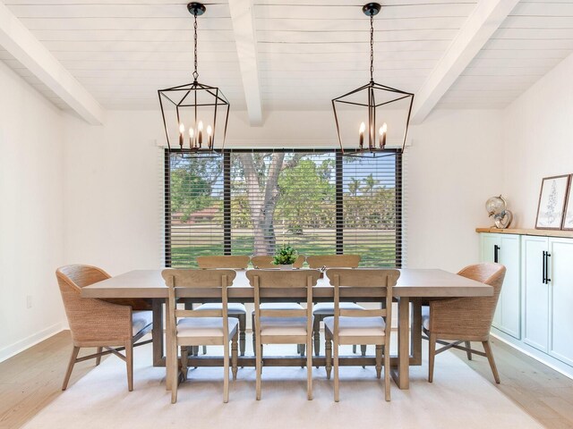 6310 95th St E, Bradenton, FL 34202 - dining area with wooden ceiling, beamed ceiling, light wood finished floors, and a notable chandelier