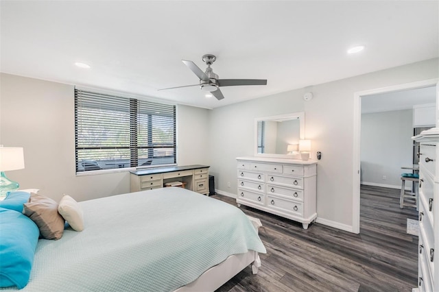 bedroom featuring baseboards, a ceiling fan, dark wood-style floors, and recessed lighting