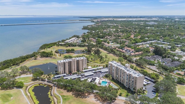 bird's eye view with golf course view and a water view