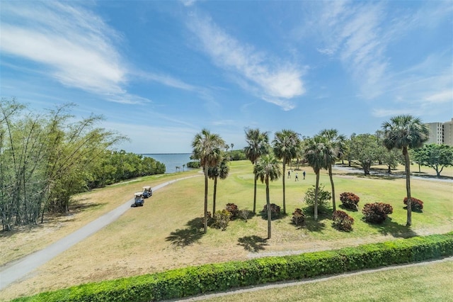 view of community featuring a yard and a water view