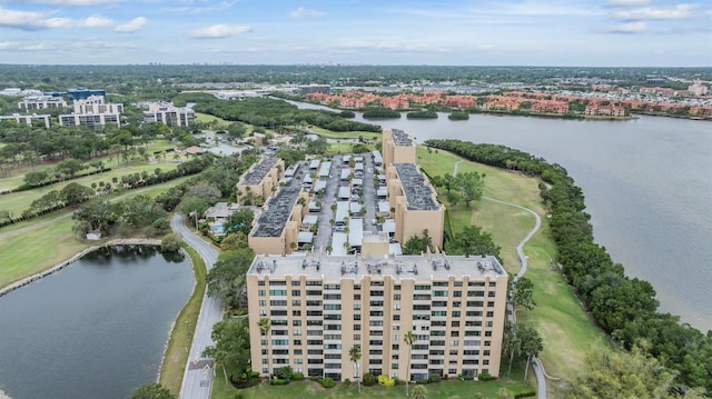 drone / aerial view with a water view