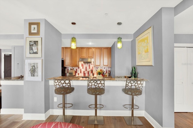1238 E Kennedy Blvd Unit 702, Tampa, FL 33602 - kitchen with a peninsula, wood finished floors, decorative backsplash, and a breakfast bar area