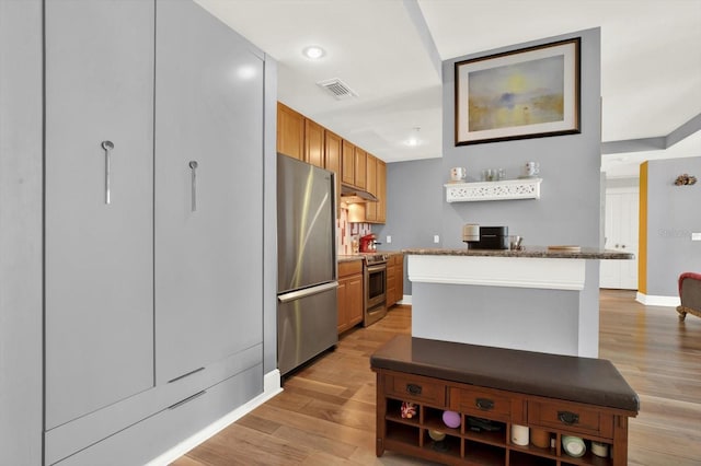 1238 E Kennedy Blvd Unit 702, Tampa, FL 33602 - kitchen with stainless steel appliances, under cabinet range hood, light wood-style flooring, dark stone countertops, and recessed lighting
