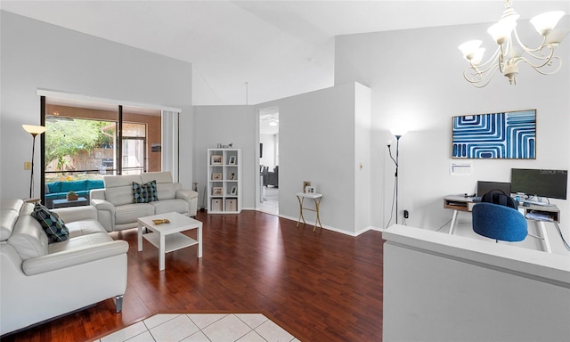 living room with a chandelier, high vaulted ceiling, a desk, and wood finished floors