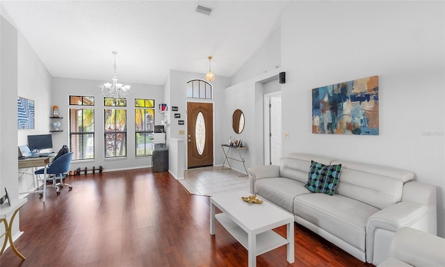 living room with a chandelier, an office area, wood finished floors, high vaulted ceiling, and baseboards