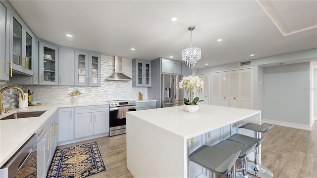 400 Island Way Unit 210, Clearwater Beach, FL 33767 - kitchen with appliances with stainless steel finishes, wall chimney exhaust hood, a sink, gray cabinets, and a breakfast bar area