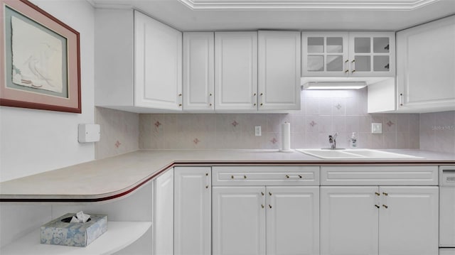 17400 Gulf Blvd Unit I4, North Redington Beach, FL 33708 - kitchen featuring a sink, backsplash, white cabinetry, open shelves, and light countertops