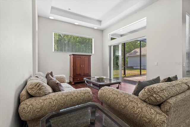living area featuring recessed lighting, a high ceiling, and dark wood-type flooring