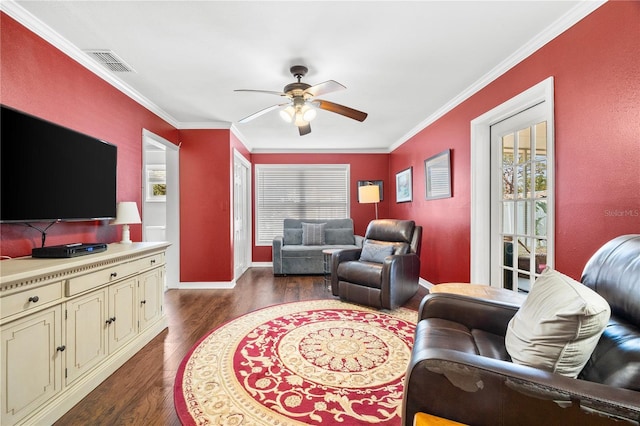 2525 Madrid Way S, Saint Petersburg, FL 33712 - living room featuring dark wood finished floors, visible vents, ornamental molding, and ceiling fan
