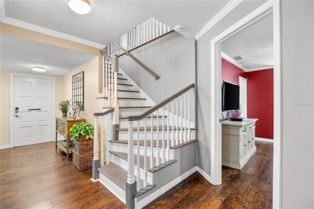 2525 Madrid Way S, Saint Petersburg, FL 33712 - stairs featuring wood finished floors, visible vents, crown molding, and baseboards