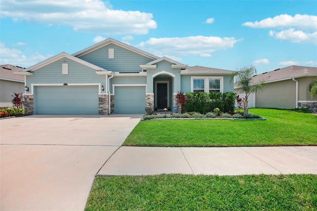 view of front facade featuring a front lawn, stone siding, concrete driveway, an attached garage, and stucco siding