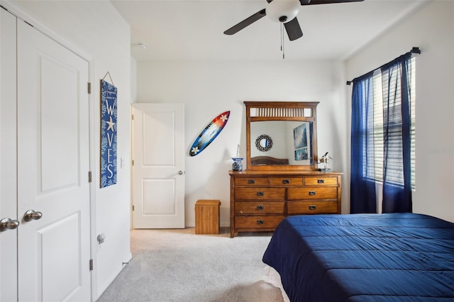 bedroom featuring ceiling fan, multiple windows, and carpet
