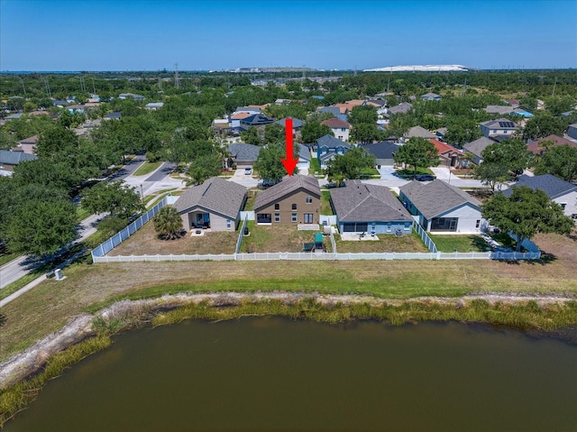 aerial view featuring a water view and a residential view