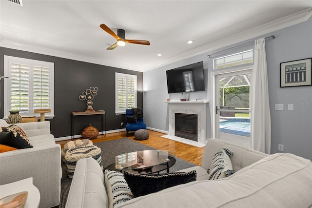5902 Audubon Manor Blvd, Lithia, FL 33547 - living room with ornamental molding, wood finished floors, a fireplace, ceiling fan, and recessed lighting