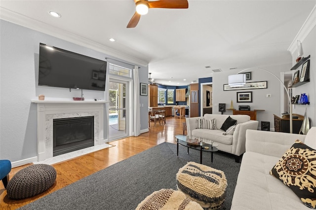 5902 Audubon Manor Blvd, Lithia, FL 33547 - living area with wood finished floors, a ceiling fan, ornamental molding, a premium fireplace, and recessed lighting